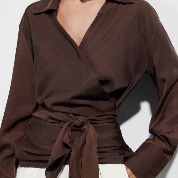 Brown Casual Women's French Criss-Cross Strap V-Neck Blouse - Picture 5 of 7